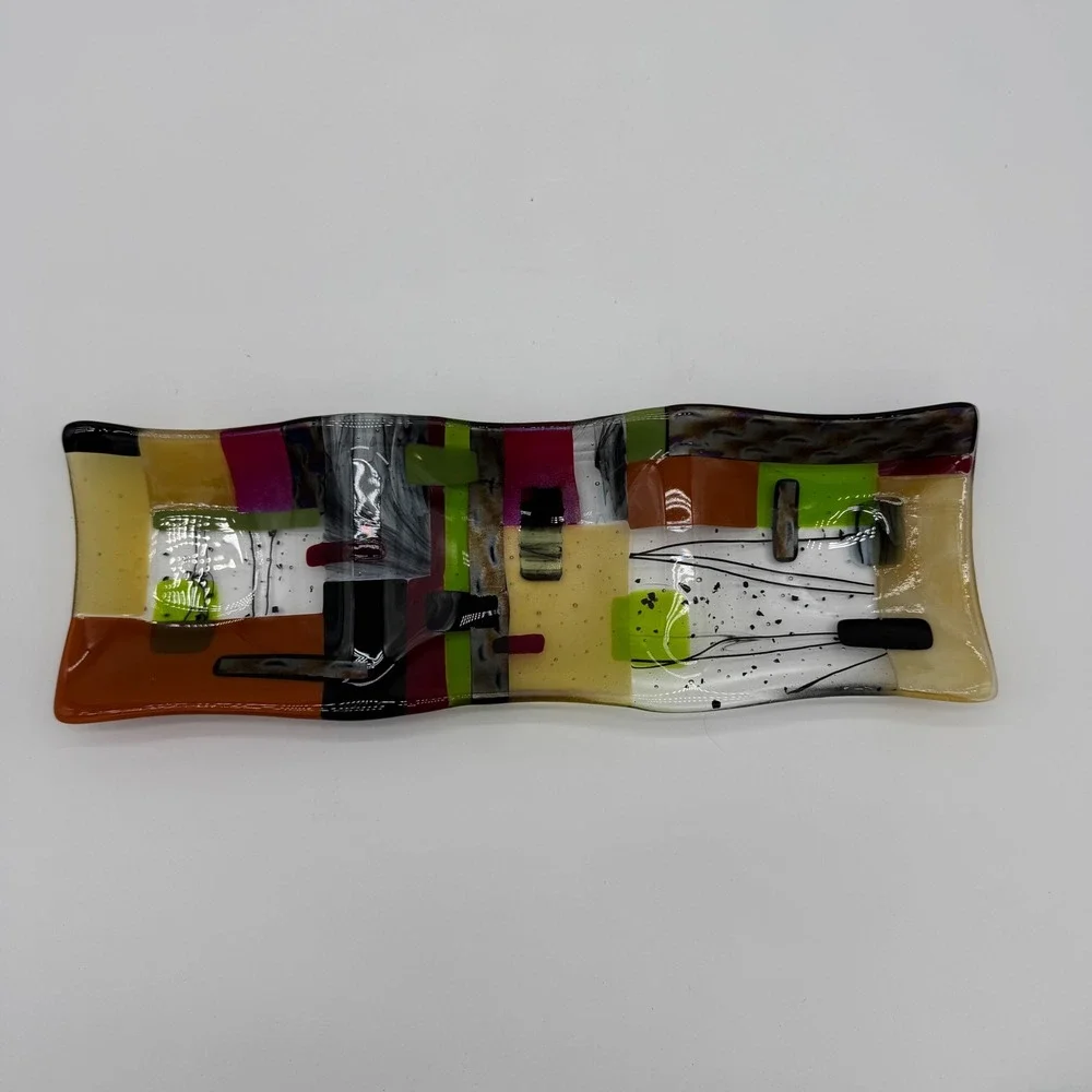 Lauren Goldfield '92 Fused Art Glass Tray Plate Colorful Abstract Design Devided